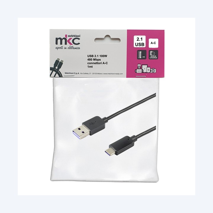 Cavo USB 2.0 A/C 100W 480Mbps 1 mt MKC Melchioni | Ecotempo