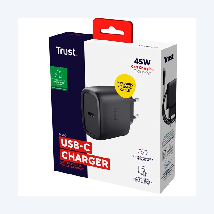 Caricatore 45W GaN USB-C Nero MAXO Trust | Ecotempo