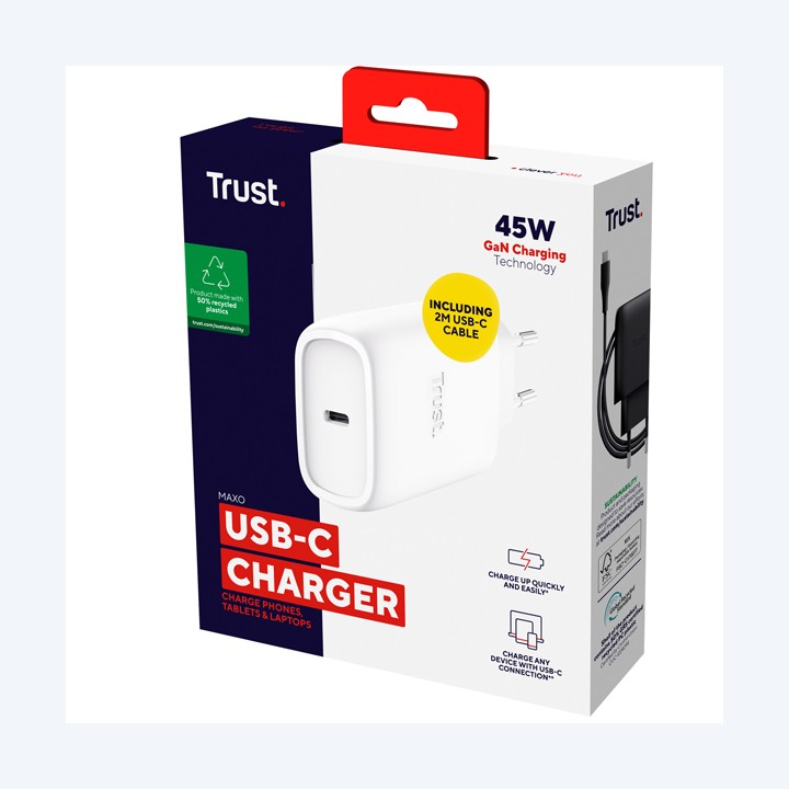 Caricatore 45W GaN USB-C Bianco MAXO -Trust | Ecotempo