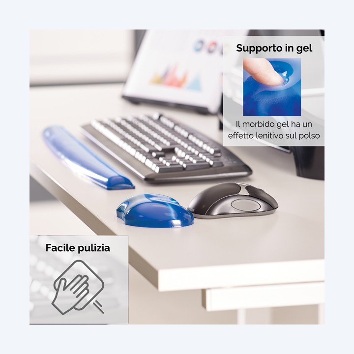 Poggiapolsi in gel blu trasparente Fellowes | Ecotempo