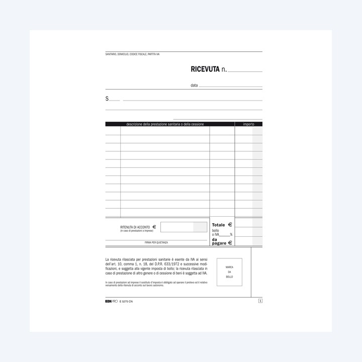 Blocco ricevute sanitarie 50/50 fogli — 50267 | Ecotempo