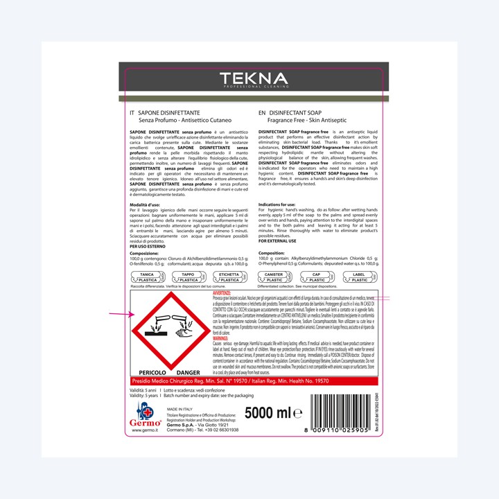 Sapone disinfettante senza profumo 5 lt Tekna | Ecotempo