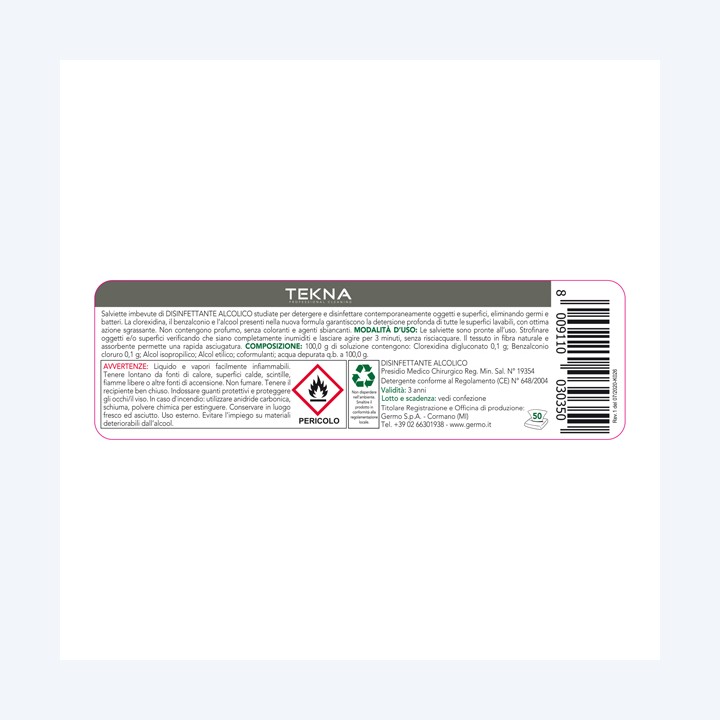 Salviette disinfettanti per superfici 50 pezzi Tekna | Ecotempo