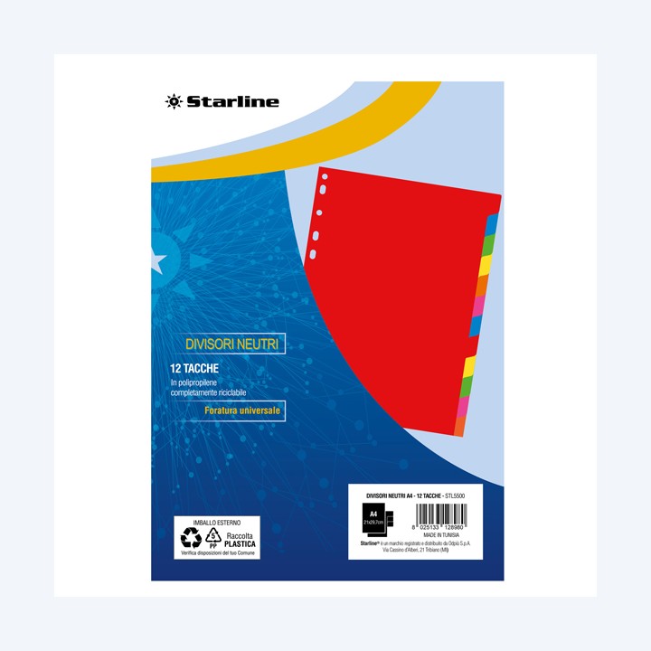Divisori neutri 12 tacche A4 PP colori — STL5500 | Ecotempo