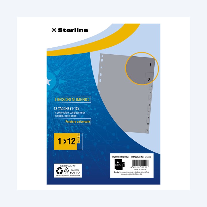 Divisori numerici 12 tacche A4 PP grigio Starline | Ecotempo